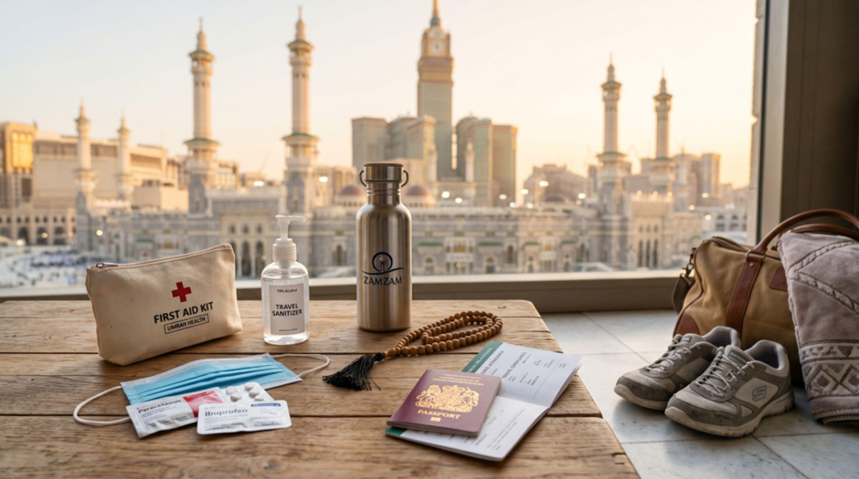 Health essentials for Umrah pilgrims including first aid kit, sanitiser, medicines, water bottle, passport, and comfortable walking shoes before travel