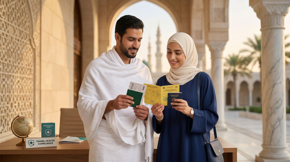 Vaccination for Umrah UK pilgrims checking vaccine certificate and travel documents before travel